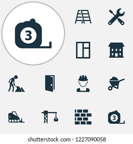 Building icons set with stepladder, door, builder and other measure tool elements. Isolated vector illustration building icons.