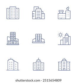 Building icons set. Thin Line style, editable stroke. sun, mall, building, headquarter, headquarters, buildings.