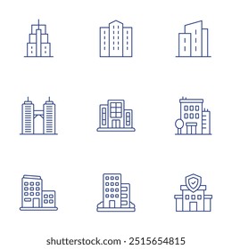 Building icons set. Thin Line style, editable stroke. office, twin towers, insurance, office building, building, building trade.