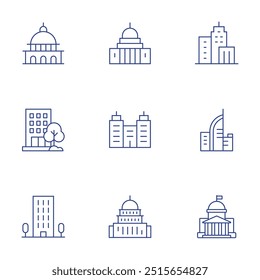 Building icons set. Thin Line style, editable stroke. city, company, government, capitol, flat.