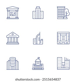 Building icons set. Thin Line style, editable stroke. apartment, building, company, government, skyscraper, museum, politics, shopping mall.