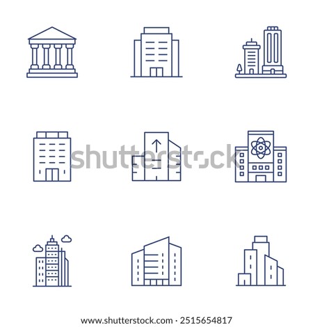 Building icons set. Thin Line style, editable stroke. museum, office, polling place, real estate, skyline, skyscraper, laboratory, building, buildings.
