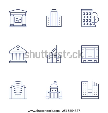 Building icons set. Thin Line style, editable stroke. apartment, building, company, government, skyscraper, museum, politics, shopping mall.