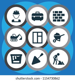 Building icons set with toolbox, window, color can and other builder elements. Isolated vector illustration building icons.