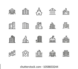 Building icons. Set of twenty line icons. Church, museum, bank. Architecture concept. Vector illustration can be used for topics city, public estate.