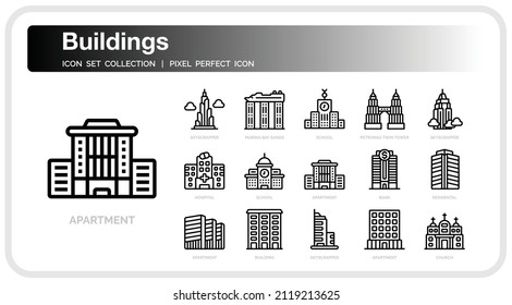 Building Icons Set. UI Pixel Perfect Well-crafted Vector Thin Line Icons. The illustrations are a vector.


