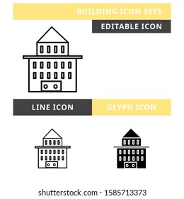 Building icons set vector design, modern editable line and  glyph icon, black colour and isolated for icon presentation, website and banner
