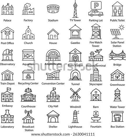 Building Icons Set, Vector Illustration on White.