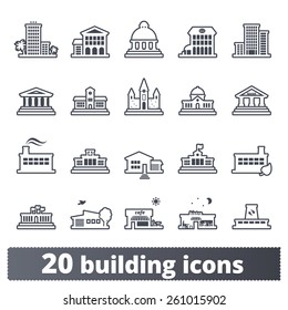 Building icons set: vector signs of places for maps, web interfaces and services. Outline series.