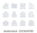 Building icons. Thin Line style, editable stroke. modern house, museum, parliament, politics, school, shopping mall, apartment, building.