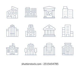 Ícones de construção. Estilo Thin Line, traço editável. casa moderna, museu, parlamento, política, escola, shopping center, apartamento, edifício.