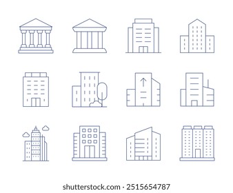 Ícones de construção. Estilo Thin Line, curso editável. museu, escritório, local de votação, imobiliário, horizonte, arranha-céu, banco, edifício.