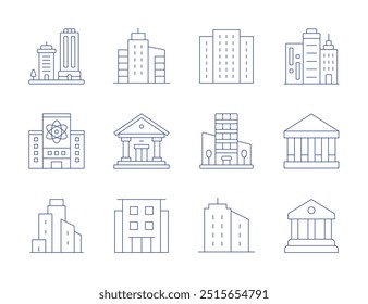 Construyendo iconos. Estilo de línea delgada, carrera editable. laboratorio, centro comercial, edificio, edificios, universidad, condominio, palacio de justicia.