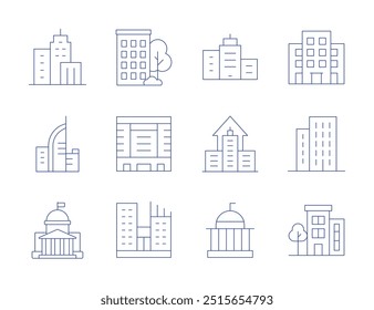 Construyendo iconos. Estilo de línea delgada, estilo editable. ciudad, edificio de la ciudad, empresa, gobierno, apartamento, edificio.