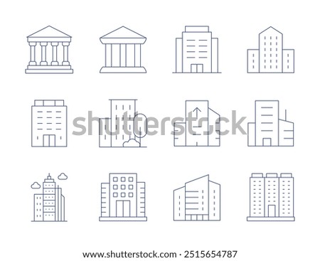 Building icons. Thin Line style, editable stroke. museum, office, polling place, real estate, skyline, skyscraper, bank, building.