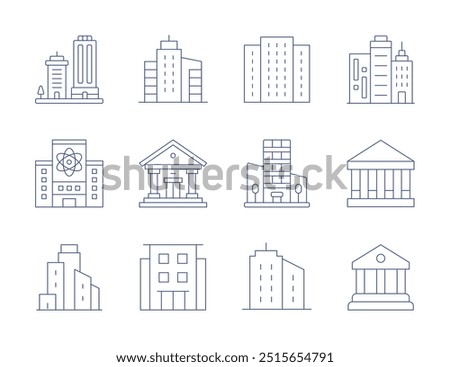 Building icons. Thin Line style, editable stroke. laboratory, mall, building, buildings, college, condominium, courthouse.