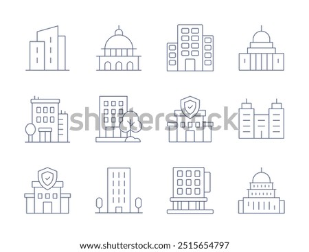 Building icons. Thin Line style, editable stroke. insurance, office, capitol, company, flat, government, hotel, building, buildings.