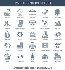 building icons. Trendy 25 building icons. Contain icons such as factory, house sale, castle, gym equipment, store, house builidng, hotel, cargo barn. building icon for web and mobile.