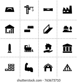 Building icons. vector collection filled building icons. includes symbols such as factory, hangar, house clean, bank, rolled metal, tower crane, bulldozer, bubble level, house