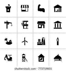 Building icons. vector collection filled building icons. includes symbols such as windmill, skycrapers cleaning, factory, tower crane. use for web, mobile and ui design.