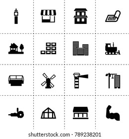 Building icons. vector collection filled building icons. includes symbols such as windmill, bulldozer, house plan, house, mansard roof. use for web, mobile and ui design.