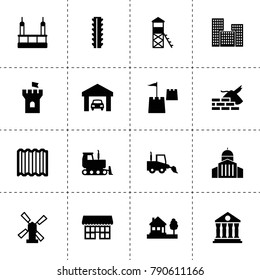 Building icons. vector collection filled building icons. includes symbols such as windmill, car garage, skycrapers cleaning. use for web, mobile and ui design.