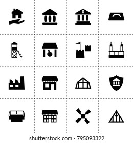 Building icons. vector collection filled building icons. includes symbols such as storage, windmill, factory, bank, bank insurance. use for web, mobile and ui design.