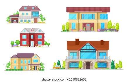 Building icons of vector houses, cottages and villas, real estate and architecture design. Village and town properties, house exteriors with windows, roofs and doors, garages, balconies and mansards