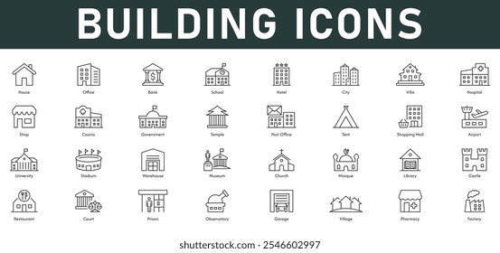 Building Icons vector illustration with thin line editable stroke containing house office bank school hotel city villa hospital shop casino government temple post office tent shopping