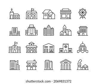 Building Icons - Vector Line Icons. Editable Stroke. Vector Graphic