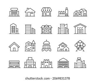 Building Icons - Vector Line. Editable Stroke. Vector Graphic