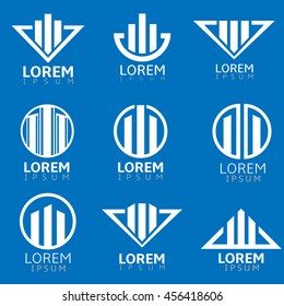 Building icons. White building emblems on blue background