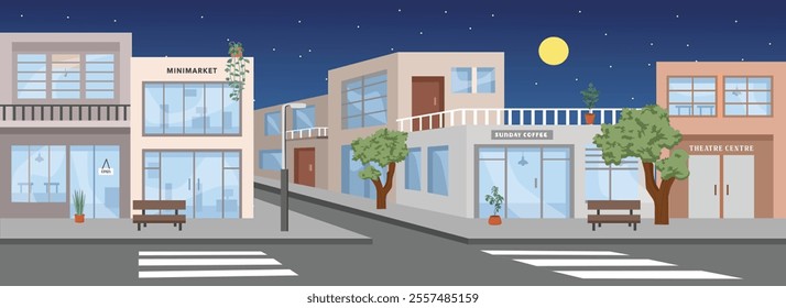 Building Illustration. Outlet landscape. Department store. Market. Supermarket. Mart. Chain store. Hypermarket. Minimarket. Theatre center. Modern store. Storefront. Intersection. Night store.