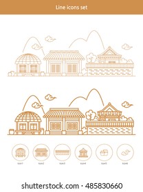 Edifício Ilustrações. Ícones de linha plana. Casa de estilo coreano.