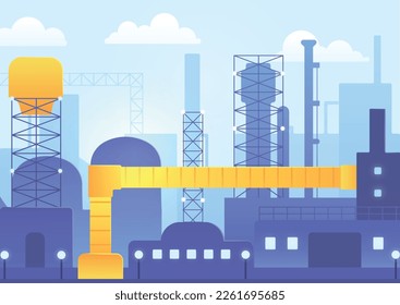 Building industrial concept. Production of products and construction of buildings, urban architecture. Poster or banner. Chemical crude transformation into fuel. Cartoon flat vector illustration