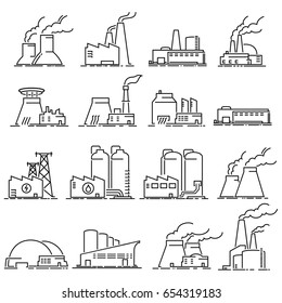  Building Industrial Factory Outline Icons Vector.