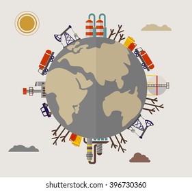 Building industrial plants polluting the environment. Toxic waste from oil extraction. Image for Earth Day, World environment day. Ecology design concept with pollution. Flat vector illustration.
