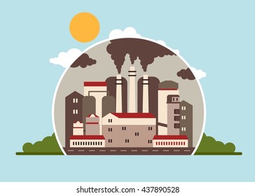Building industrial plants polluting the environment. Toxic waste from oil extraction. Earth Day. Ecology design concept with air, water and soil pollution. Flat icons isolated vector illustration.