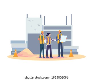 Building industry concept. Construction worker holding blueprint, Architects discuss a project. Construction of buildings according to drawings, Contractor and engineer character. Vector in flat style