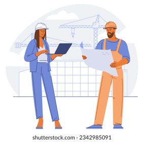 Building industry concept. Project planning, development and approval. Manager and engineer at the building site flat vector illustration.