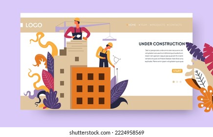 Building industry construction process online web page template. House constructor or builder Internet site urban architecture and real estate skyscraper structure and engineers vector