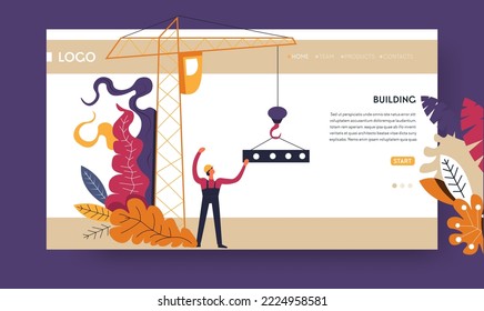 Building industry construction process online web page template. Cartoon pigeon. Vector concrete house constructor or builder urban architecture and real estate skyscraper structure and engineers