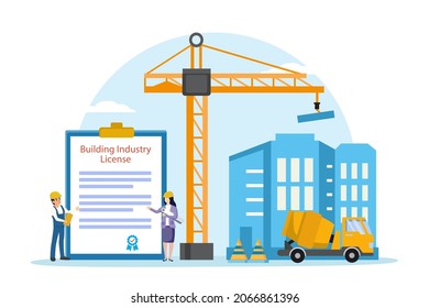 Building industry license vector concept. Two workers standing with building industry license while working in construction site