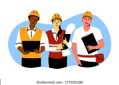 Building, industry, teamwork, engineering concept. Team of builders architects engineers foremen characters standing together and looking at camera. Technician occupation industrial labor illustration