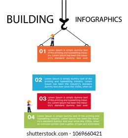 Building of infographics. Template construction sites or other projects. Vector illustration of a construction crane and people colored blocks blue, green, red.