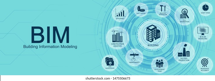 Banner da web de conceito de Modelagem de Informações de Construção (BIM) com os principais aspectos da indústria BIM com ícones em um belo fundo azul. Ilustração vetorial do site