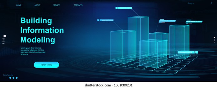 Building Information Modeling concept. Bim web page banner.  Vector illustration concept with models buildings. The concept of business. Industry construction, from start to finish. Bim vector banner