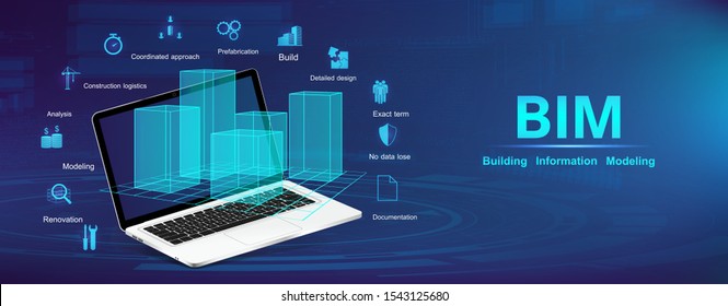 Building Information Modeling concept. BIM banner with a laptop and 
model city with icons and keywords. The concept of business. Industry construction, from start to finish BIM. Vector illustration