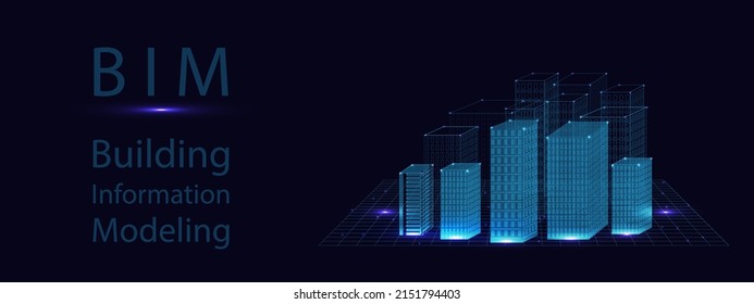 Building Information Modeling concept. Bim web page banner. Vector illustration concept with models buildings. The concept of business. Industry construction, from start to finish. Bim vector banner