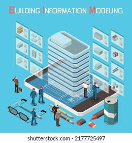 Building information modeling concept isometric background with modern building standing on smartphone screen 3d vector illustration